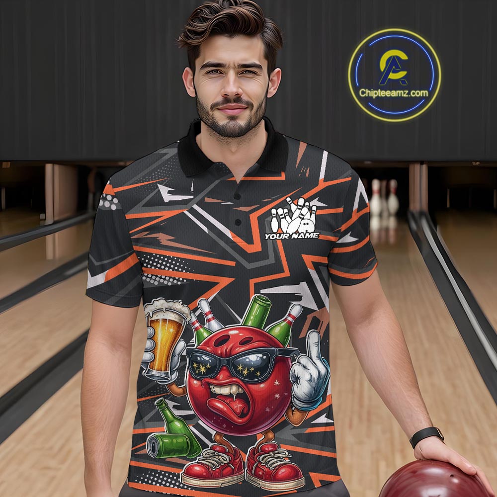 Custom Funny Bowling Ball Drink Beer Bowling Men Polo Shirt, Orange Bowling Team Shirt IPHW10121