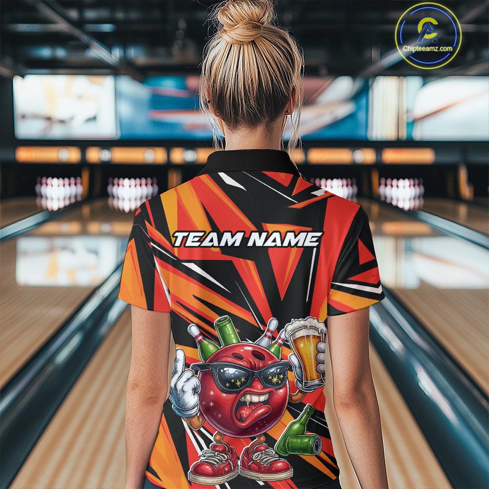 Custom Funny Bowling Ball Drink Beer Bowling Women Polo Shirt, Orange Bowling Team Shirt IPHW10122