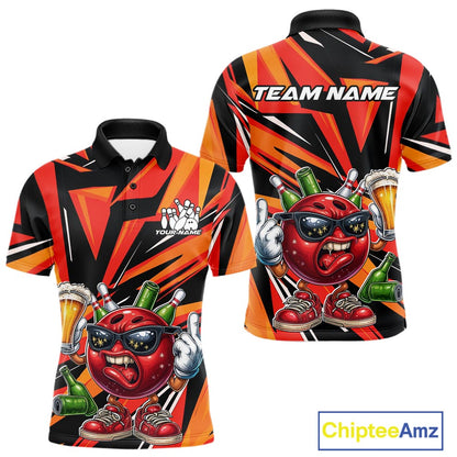 Custom Funny Bowling Ball Drink Beer Bowling Men Polo Shirt, Orange Bowling Team Shirt IPHW10122
