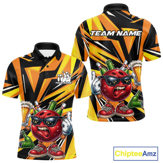 Custom Funny Bowling Ball Drink Beer Bowling Men Polo Shirt, Yellow Bowling Team Shirt IPHW10123