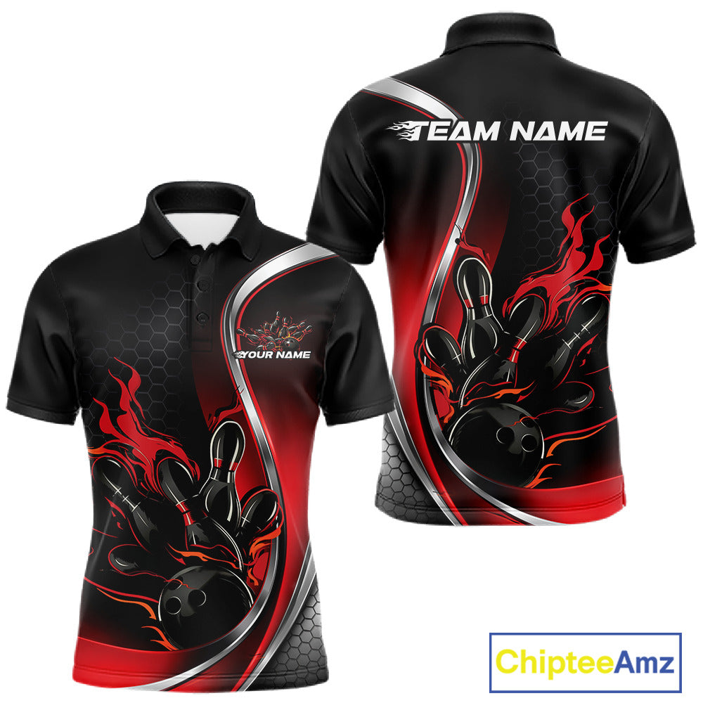 Front and back view mockup of a men’s black and red polo shirt featuring a flame bowling ball striking pins in a bold sports apparel design.