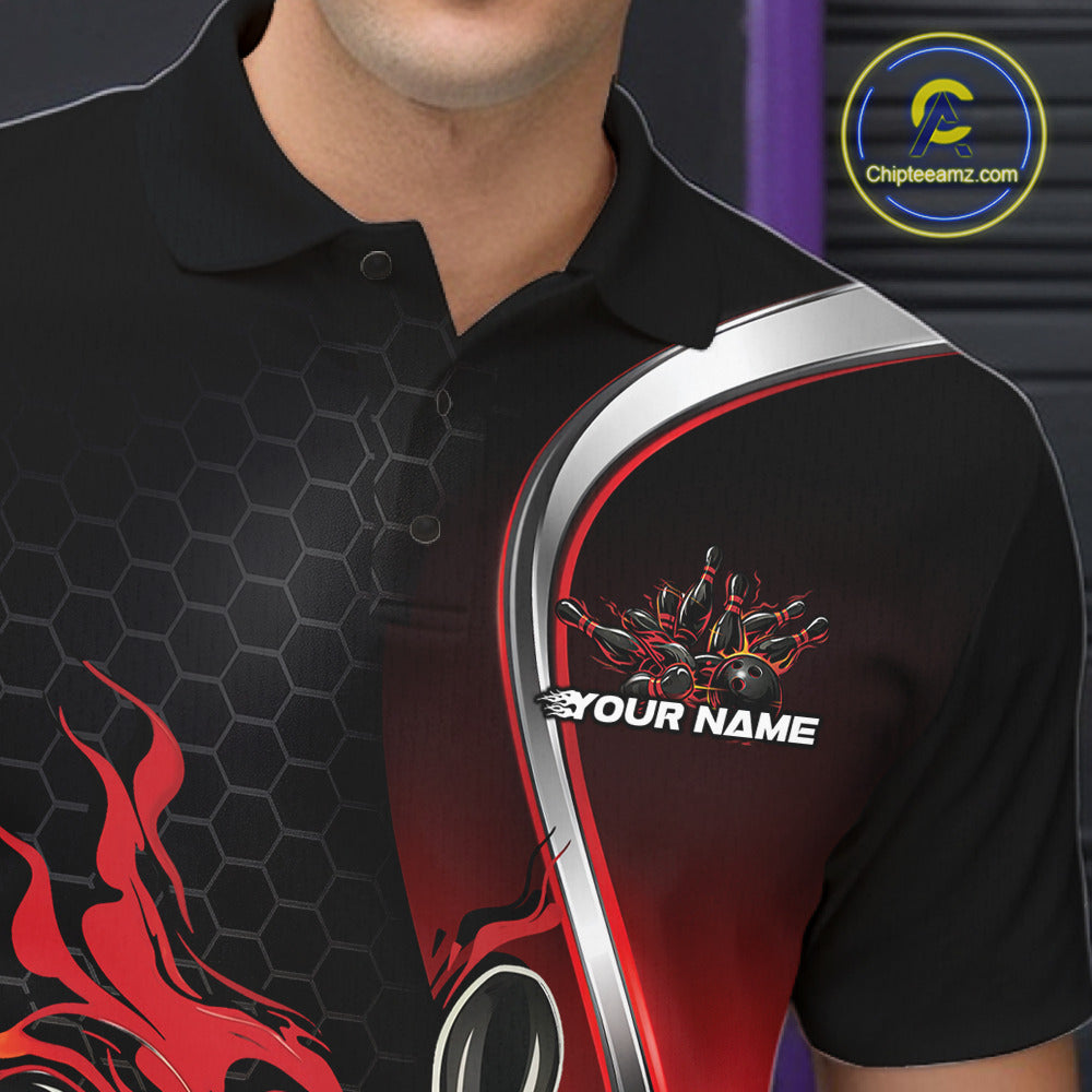 Close-up view of the left chest area of a black and red bowling polo shirt showing a flame bowling ball and pins design detail.