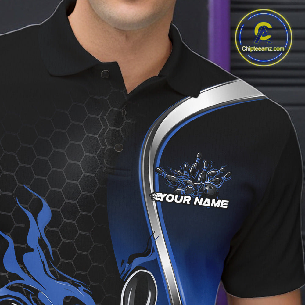 Close-up view of the left chest area of a black and blue bowling polo shirt showing a flame bowling ball and pins design detail.