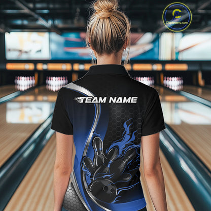 Female model back view in bowling lane wearing black and blue polo shirt showcasing flame bowling ball striking pins in vivid sports illustration.