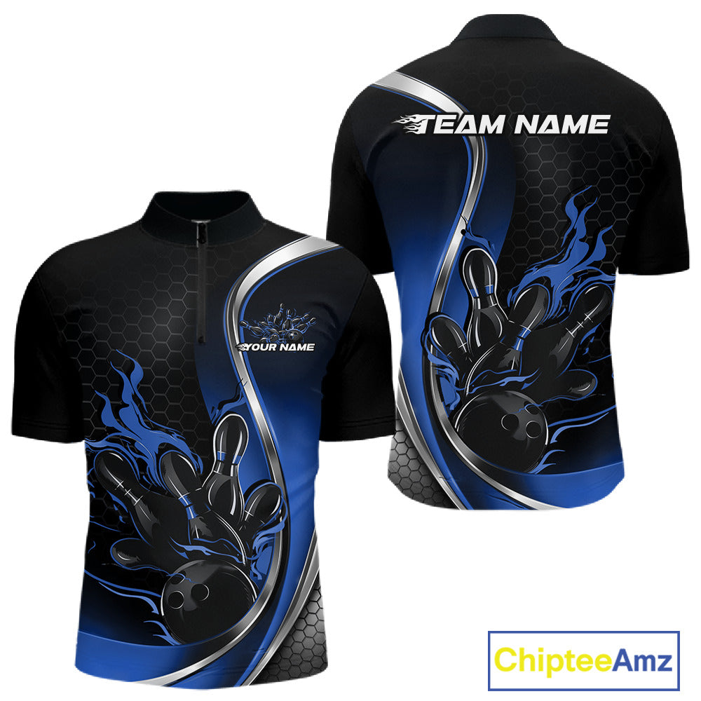 Mens quarter zip bowling shirt mockup, black and blue version featuring flaming bowling ball striking pins dynamic design