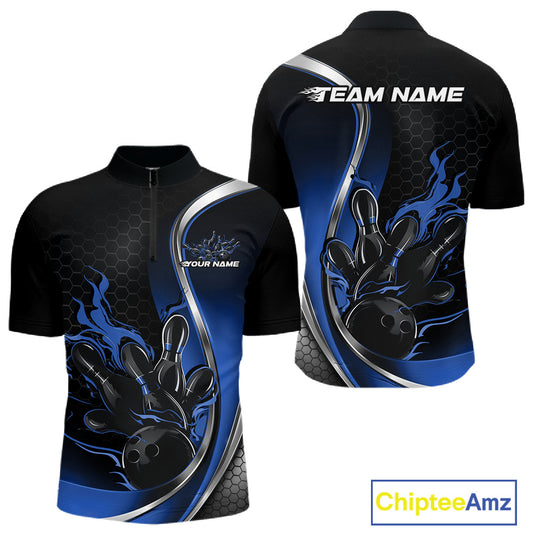 Mens quarter zip bowling shirt mockup, black and blue version featuring flaming bowling ball striking pins dynamic design