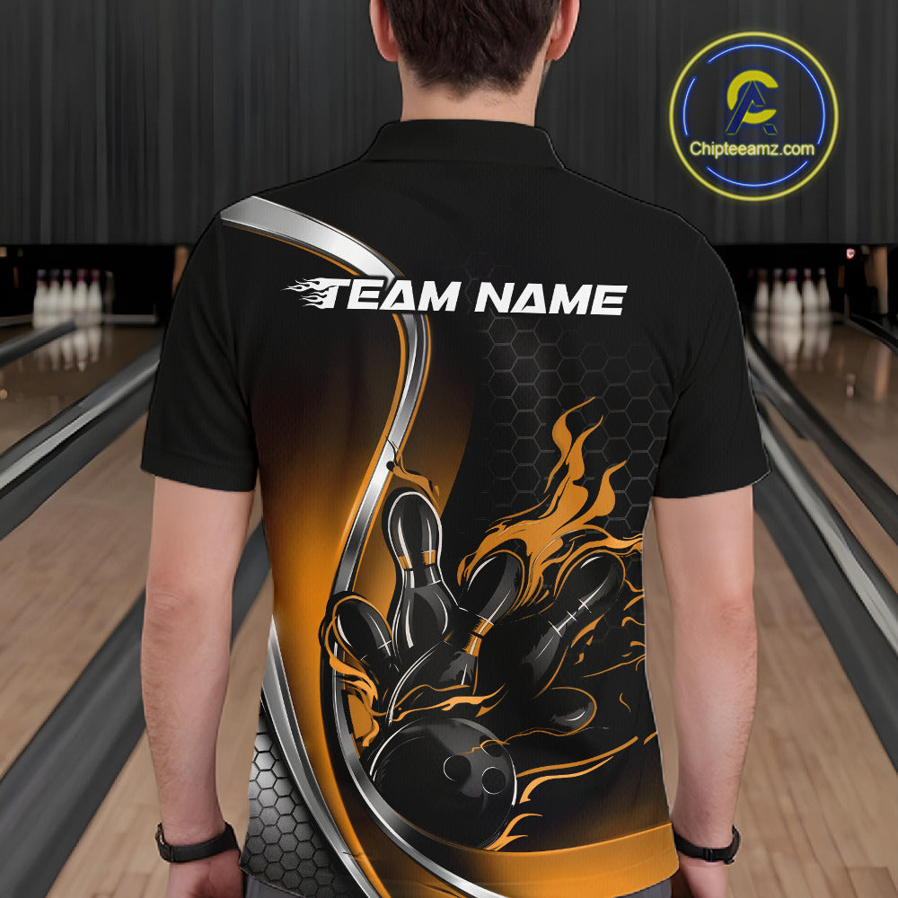 Male model seen from the back in a bowling lane wearing a black and yellow polo shirt featuring a flame bowling ball striking pins in a dynamic sports action design.