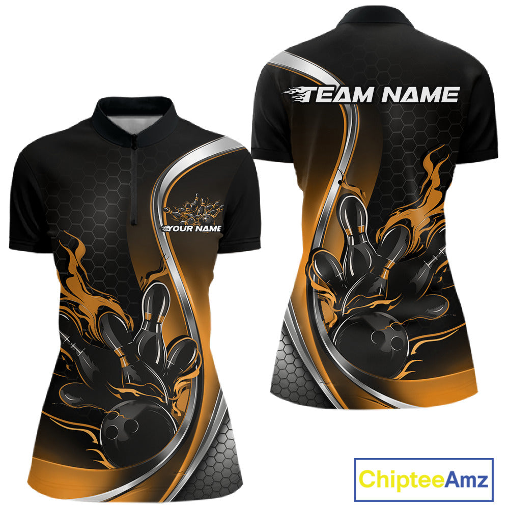 Womens quarter zip bowling shirt mockup, front and back view in black and yellow featuring flaming bowling ball striking pins dynamic artwork