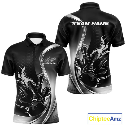 Front and back view mockup of a men’s black and gray polo shirt featuring a flame bowling ball and pins design in a clean, modern sports apparel style.