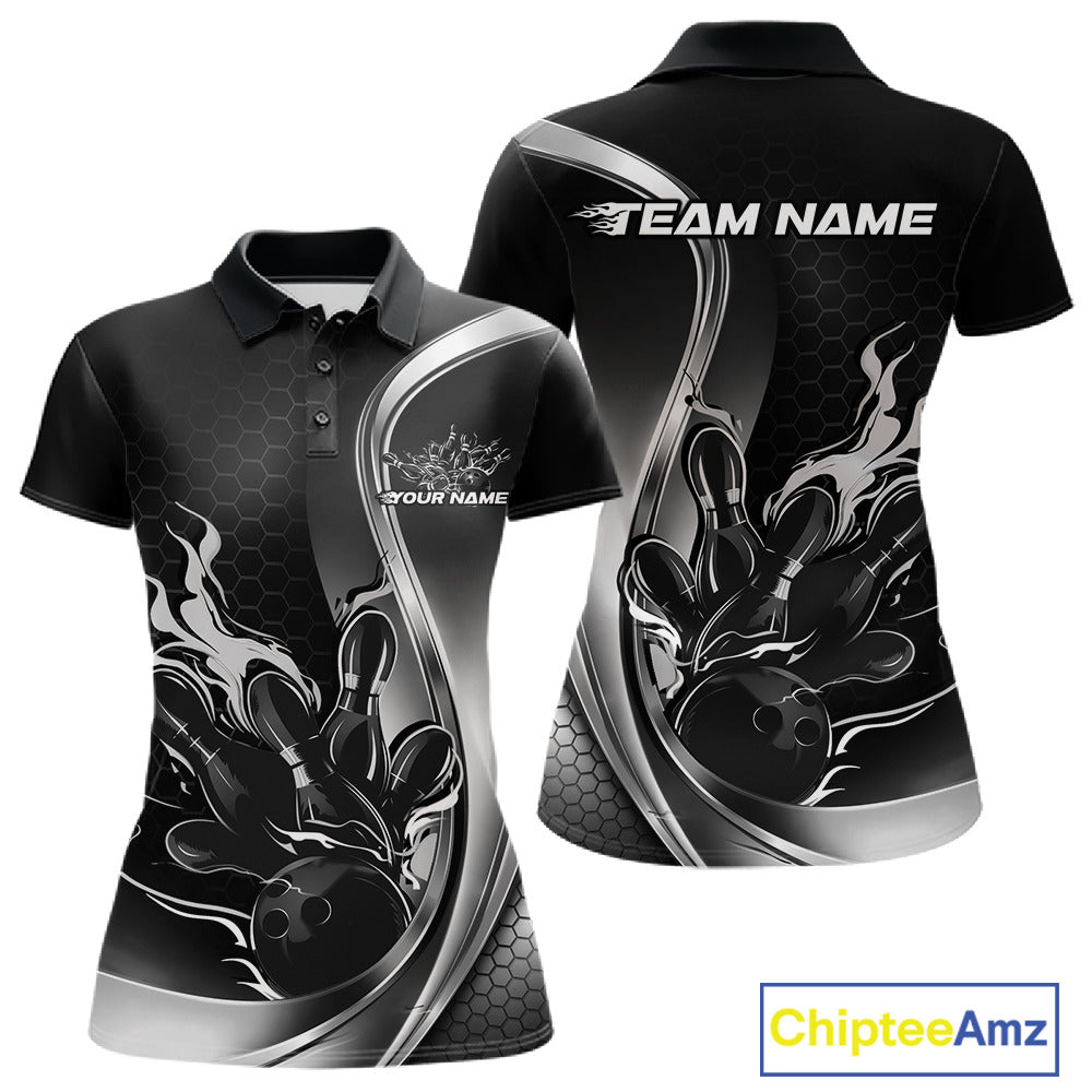 Front and back mockup of women’s black and gray polo shirt featuring flame bowling ball striking pins in bold sports-inspired apparel design.