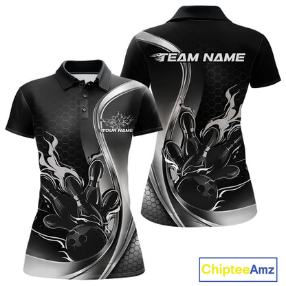 Front and back mockup of women’s black and gray polo shirt featuring flame bowling ball striking pins in bold sports-inspired apparel design.