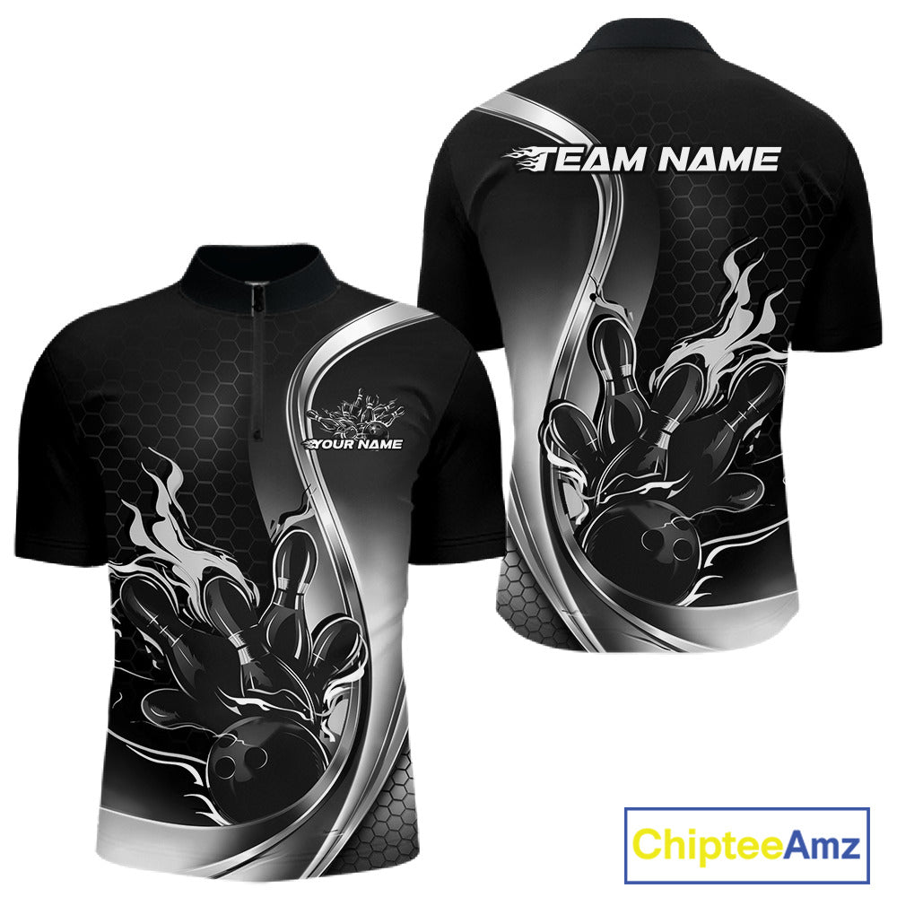 Mens quarter zip bowling shirt mockup, black and gray colorway featuring flaming bowling ball striking pins dynamic artwork