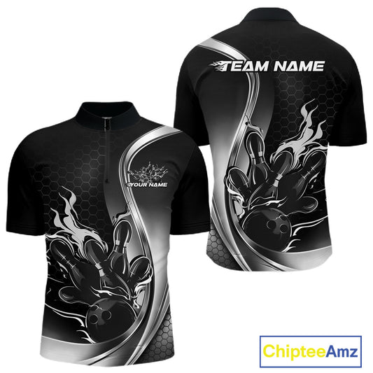 Mens quarter zip bowling shirt mockup, black and gray colorway featuring flaming bowling ball striking pins dynamic artwork