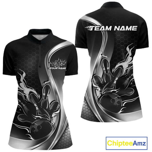Womens quarter zip bowling shirt mockup in black and gray with flaming bowling ball striking pins action graphics