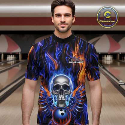 Custom Blue And Yellow Fire Flame Skull Bowling Men Quarter-Zip Shirts, Hallloween Bowler Outfit IPHW9889