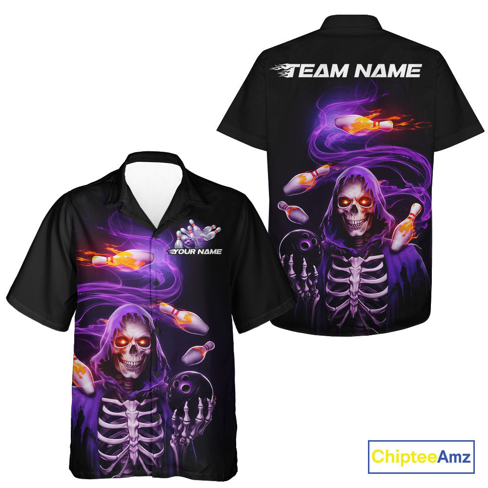 Custom Purple Flame Skeleton Grim Reaper Bowling Men And Women Hawaiian Shirt, Halloween Bowling Jersey IPHW9894