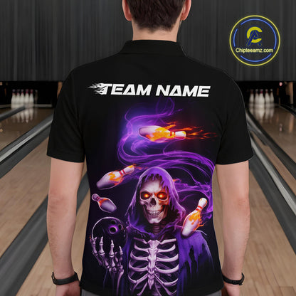 Custom Purple Flame Skeleton Grim Reaper Bowling Men Polo Shirt, Halloween Bowling Jersey IPHW9894