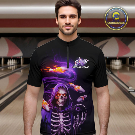 Custom Purple Flame Skeleton Grim Reaper Bowling Men Quarter-Zip Shirt, Halloween Bowling Jersey IPHW9894