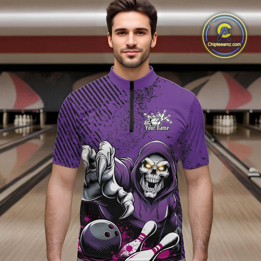Custom Purple Splatter Skeleton Grim Reaper Bowling Men Quarter-Zip Shirts, Halloween Outfits IPHW9896