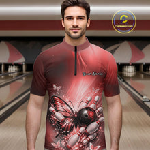 Load image into Gallery viewer, Custom Red Butterfly Bowling Team Men Quarter-Zip Shirt, Bowling League Shirt IPHW11036