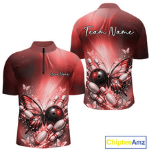 Load image into Gallery viewer, Custom Red Butterfly Bowling Team Men Quarter-Zip Shirt, Bowling League Shirt IPHW11036