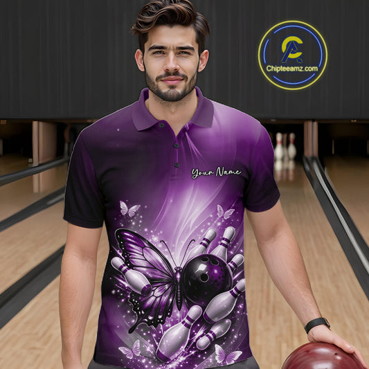 Male model wearing a purple bowling polo shirt at a bowling lane with butterfly artwork, a bowling ball, and scattered pin graphics.