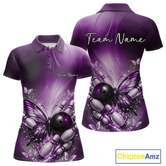 Front and back view of a purple women’s bowling polo shirt featuring a butterfly beside a bowling ball with scattered bowling pins.