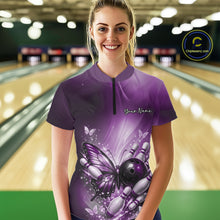 Load image into Gallery viewer, Custom Purple Butterfly Bowling Team Women Quarter-Zip Shirt, Bowling League Shirt IPHW11037