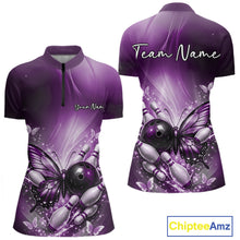 Load image into Gallery viewer, Custom Purple Butterfly Bowling Team Women Quarter-Zip Shirt, Bowling League Shirt IPHW11037