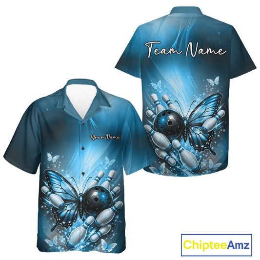 Blue button-up bowling shirt shown from the front and back with a butterfly beside a bowling ball and scattered bowling pins.