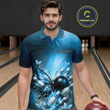 Load image into Gallery viewer, Custom Blue Butterfly Bowling Team Men Polo Shirt, Bowling League Shirt IPHW11039