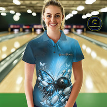Load image into Gallery viewer, Custom Blue Butterfly Bowling Team Women Polo Shirt, Bowling League Shirt IPHW11039