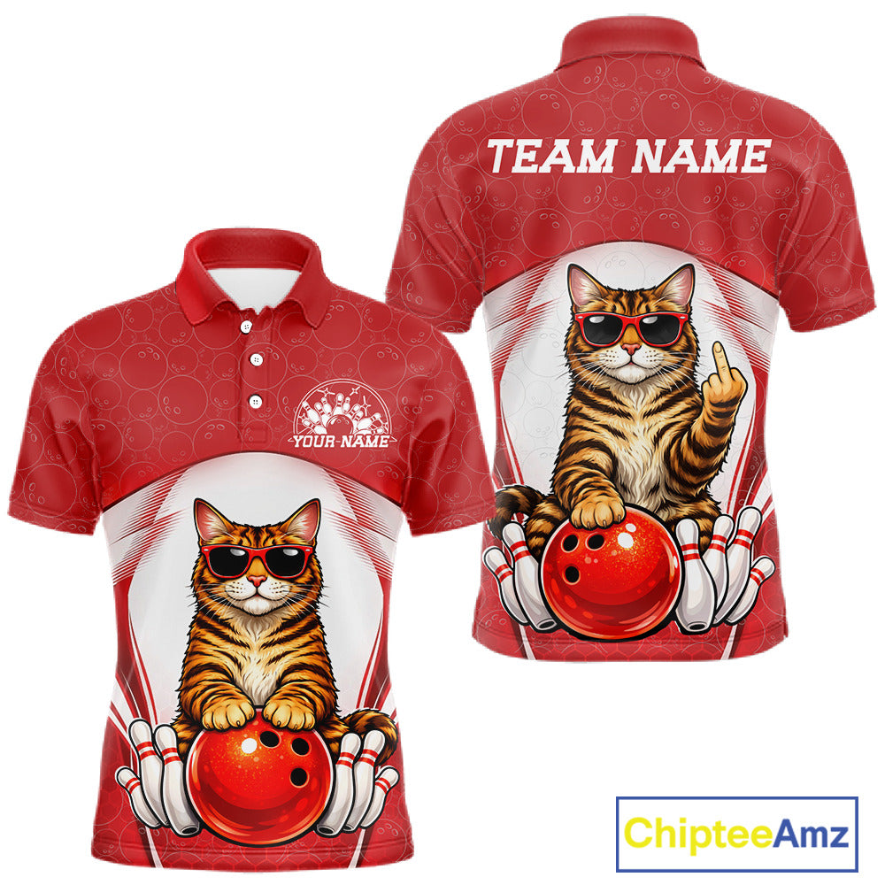 Front and back mockup of a white and red men’s bowling polo shirt featuring a golden brown Bengal cat in sunglasses leaning on a bowling ball.