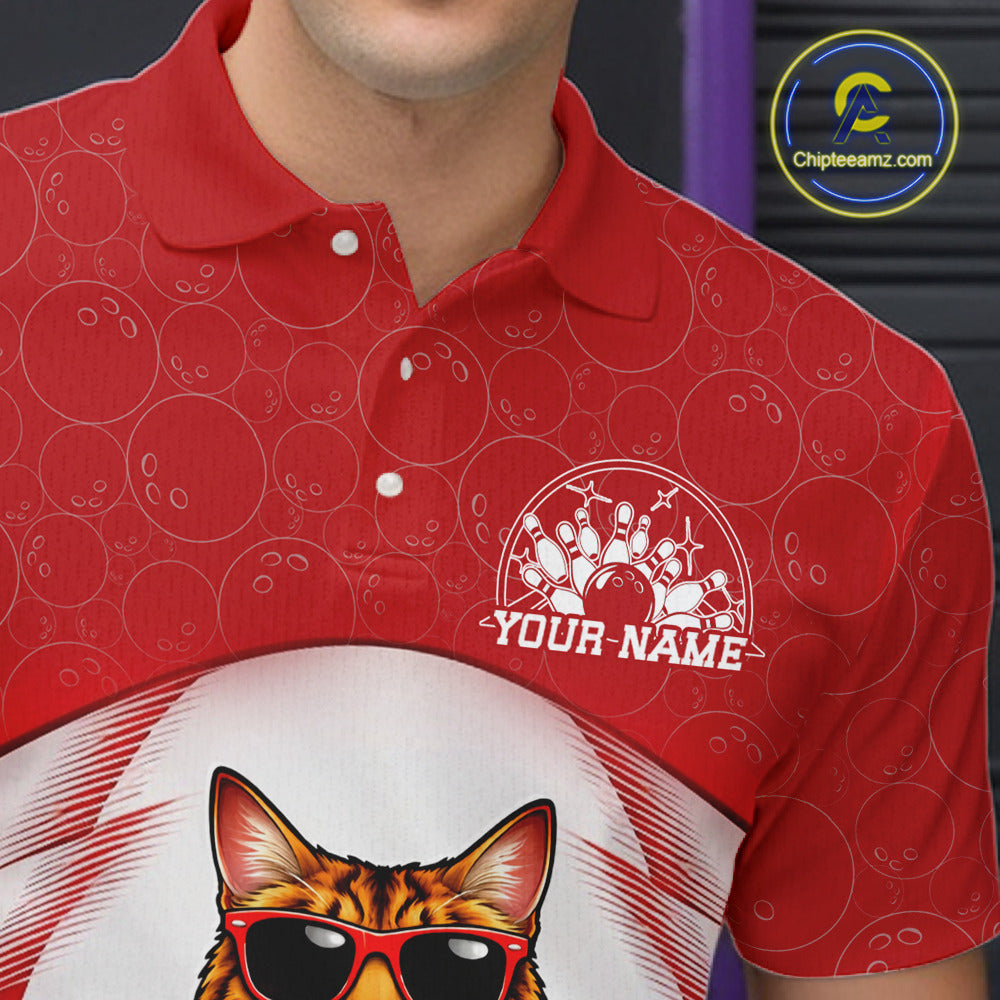 Close-up of the left chest on a white and red bowling polo shirt with a golden brown Bengal cat wearing sunglasses beside a bowling ball.