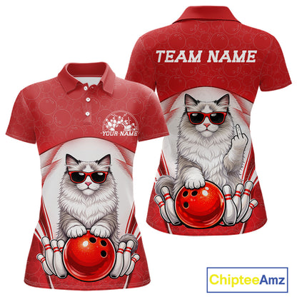 Front and back display of a white and red women’s bowling polo shirt featuring a ragdoll cat wearing sunglasses and leaning on a bowling ball.