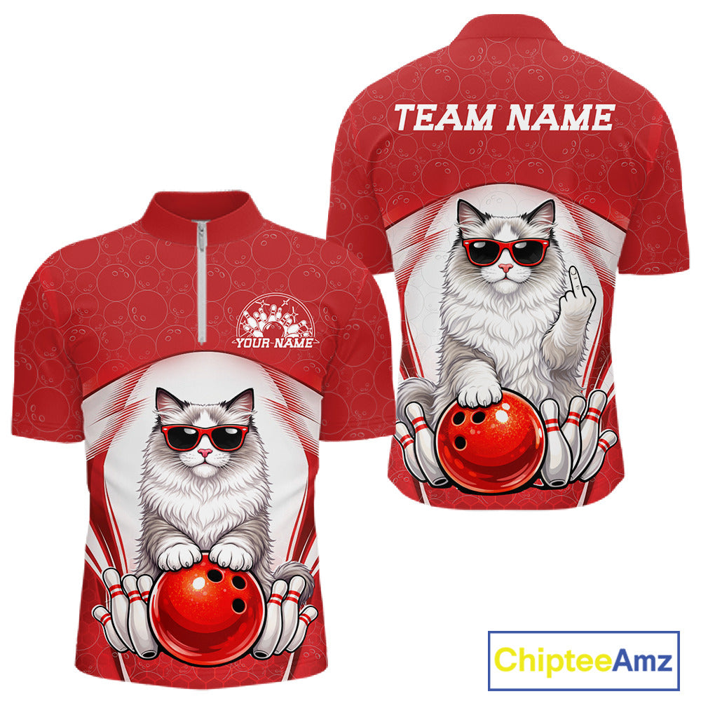 Front and back display of a white and red men’s bowling quarter-zip shirt showcasing a ragdoll cat wearing sunglasses and leaning on a bowling ball.