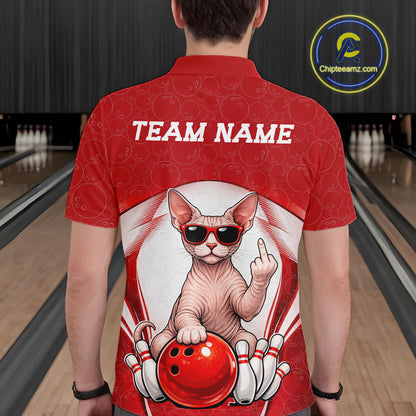 Back view of a male model in a bowling center wearing a white and red polo shirt featuring a sphynx cat and bowling ball graphics.
