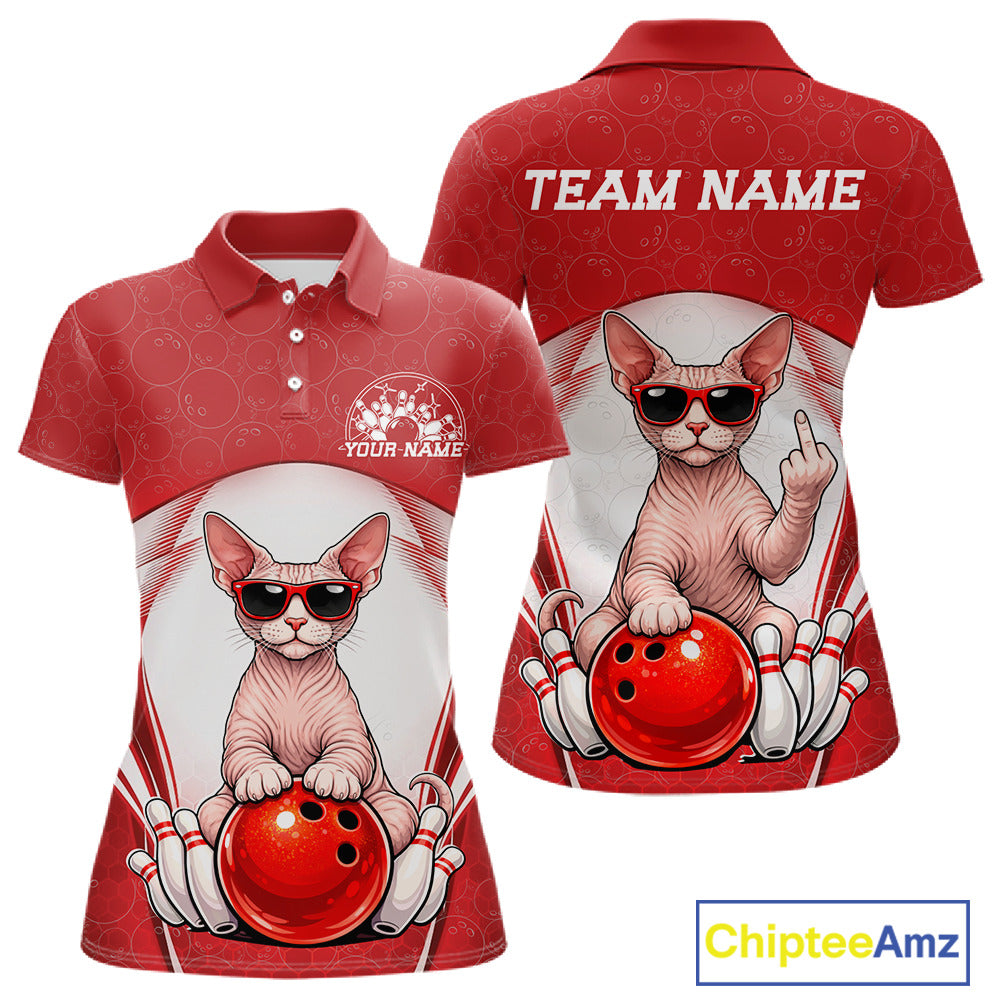 Front and back mockup of a white and red women’s bowling polo shirt showcasing a sphynx cat wearing sunglasses and leaning on a bowling ball.