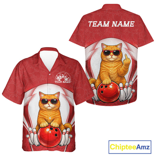 Front and back mockup of a white and red button-up bowling shirt showcasing an orange British Shorthair cat wearing sunglasses and leaning on a bowling ball.