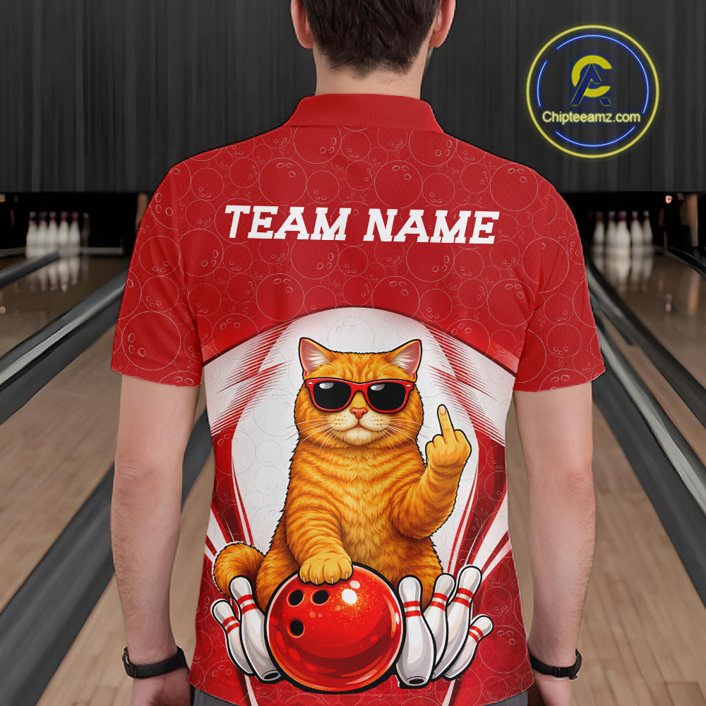 Back view of a male model in a bowling alley wearing a bowling polo shirt featuring a British Shorthair cat in sunglasses beside a bowling ball.