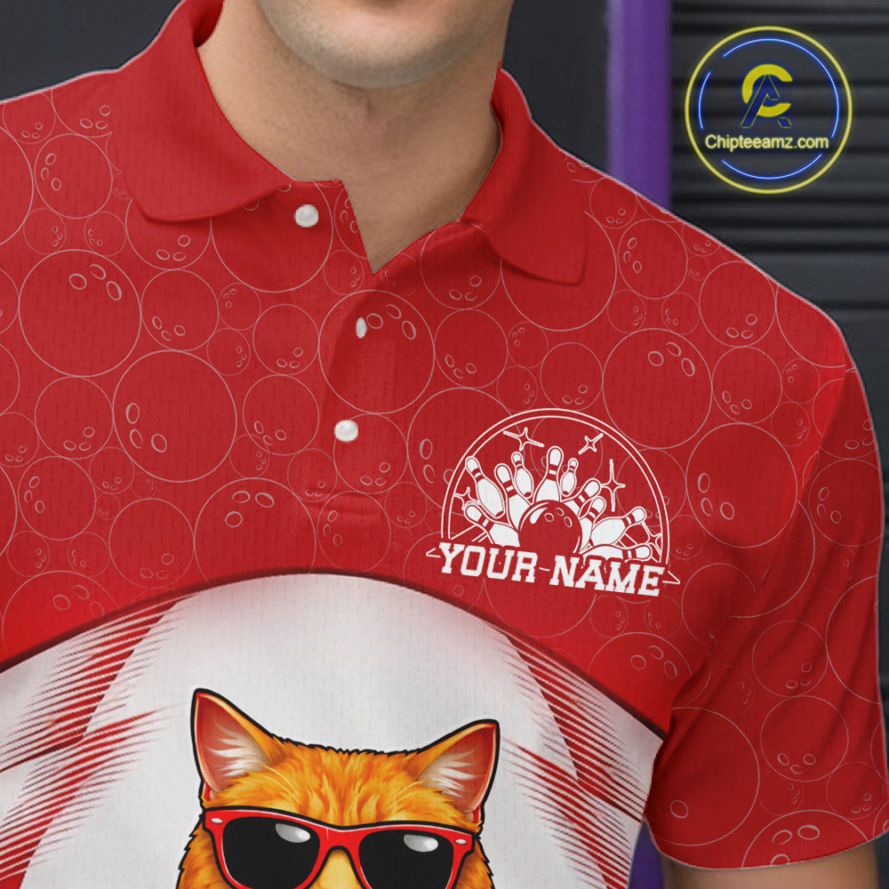 Close-up left chest view of a white and red bowling polo shirt with an orange British Shorthair cat wearing sunglasses and leaning on a bowling ball.