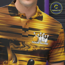 Load image into Gallery viewer, Close-up of the left chest on a bowling polo shirt showcasing glossy gold and black bowling ball and pins artwork.