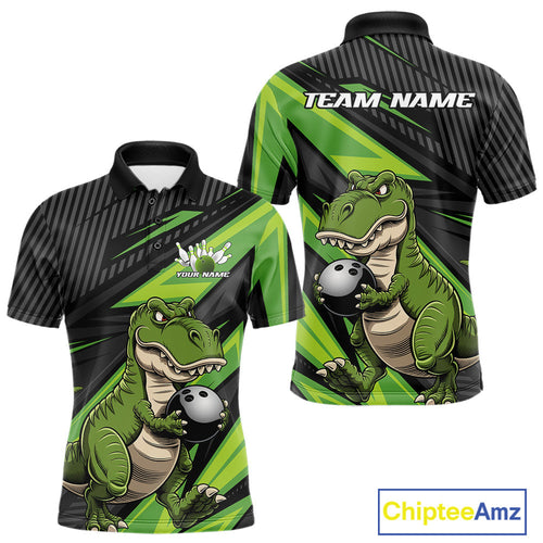Custom Funny Green Bowling Dinosaur Bowling Men Polo Shirt, Bowling Team Shirt IPHW9927