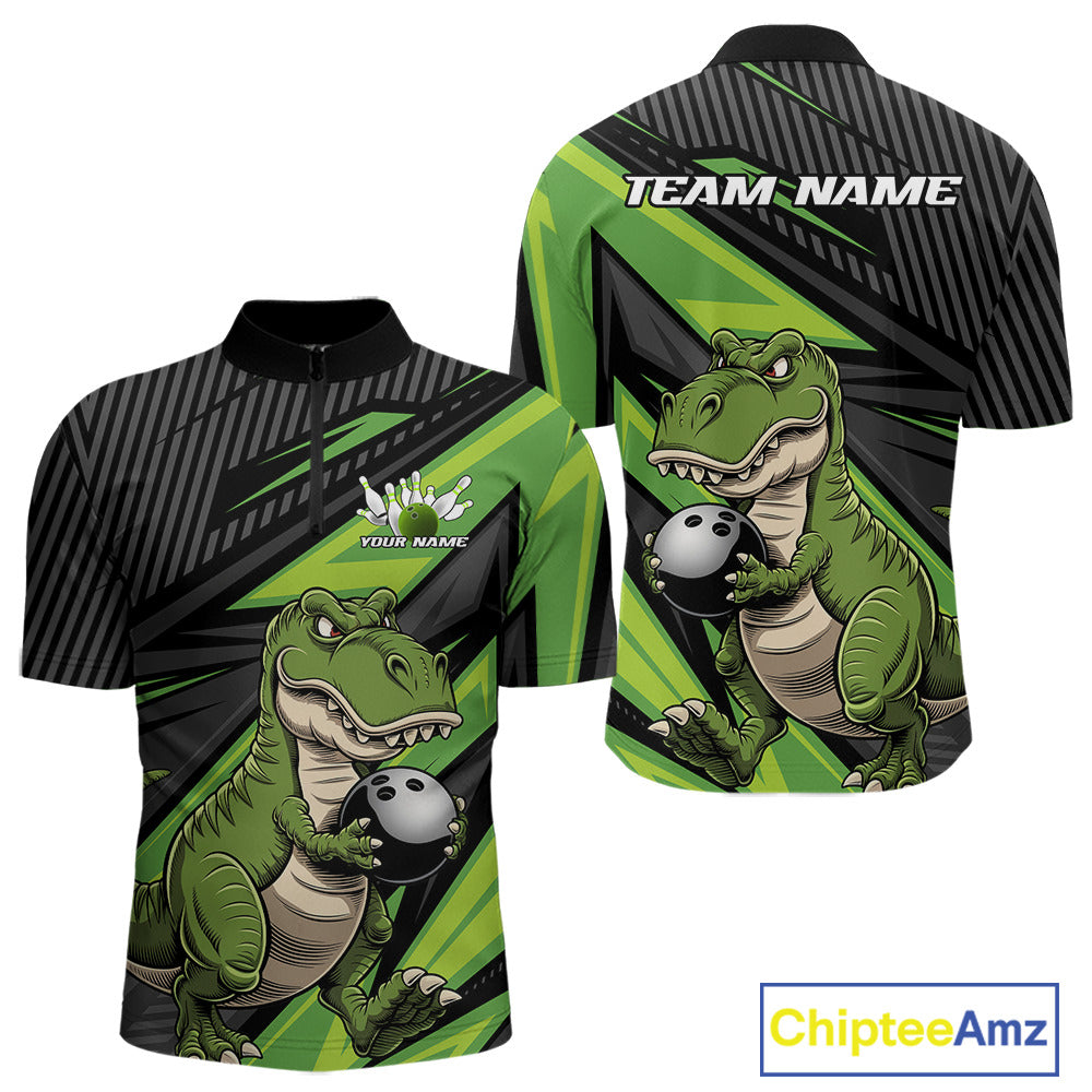 Custom Funny Green Bowling Dinosaur Bowling Men Quarter-Zip Shirt, Bowling Team Shirt IPHW9927