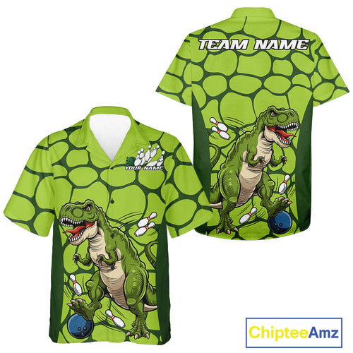 Custom Funny Green Dinosaur Bowling Team Men And Women Hawaiian Shirt, Bowling Tournament Team Shirt IPHW9931