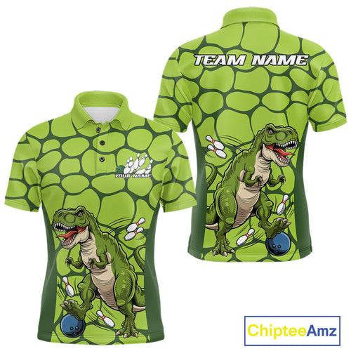 Custom Funny Green Dinosaur Bowling Team Men Polo Shirt, Bowling Tournament Team Shirt IPHW9931
