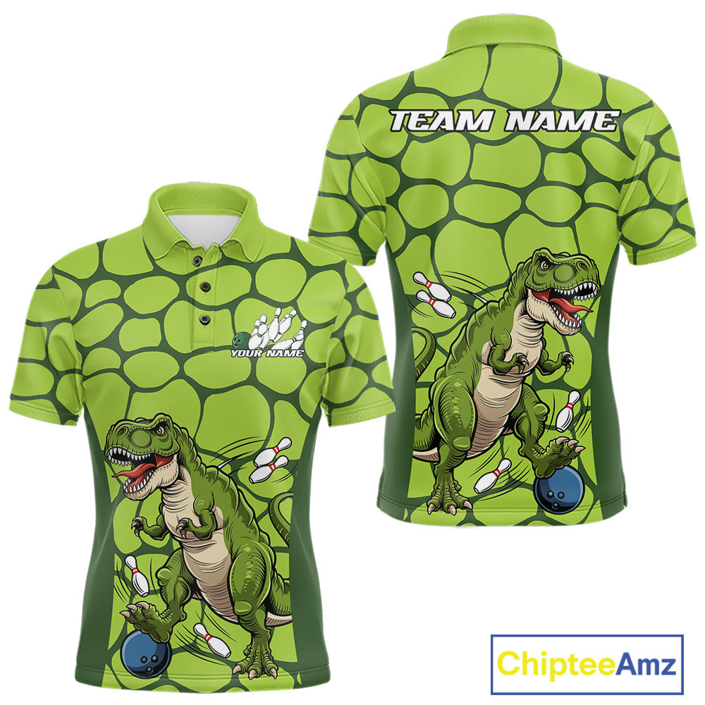 Custom Funny Green Dinosaur Bowling Team Men Polo Shirt, Bowling Tournament Team Shirt IPHW9931
