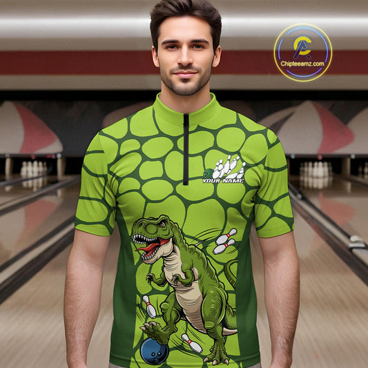 Custom Funny Green Dinosaur Bowling Team Men Quarter-Zip Shirt, Bowling Tournament Team Shirt IPHW9931