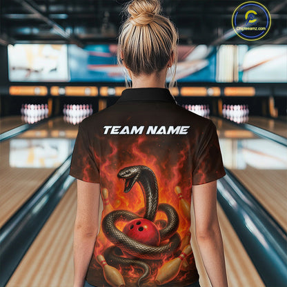 Custom Red Flame Black Mamba Snake Bowling Women Polo Shirt, Snake Bowling Team Jerseys IPHW10149