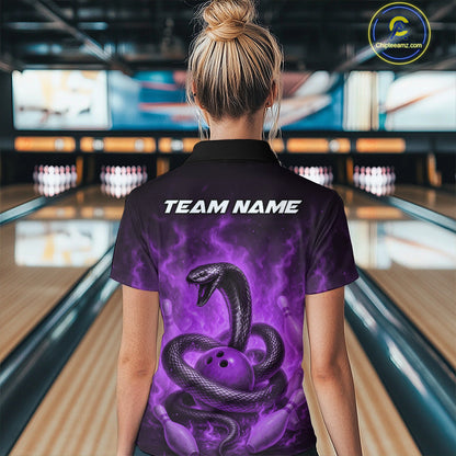 Custom Purple Flame Black Mamba Snake Bowling Women Polo Shirt, Snake Bowling Jerseys IPHW10150